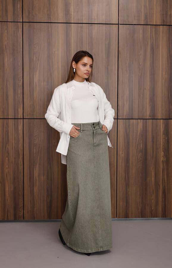 2254-Denim Klasik Etek Haki