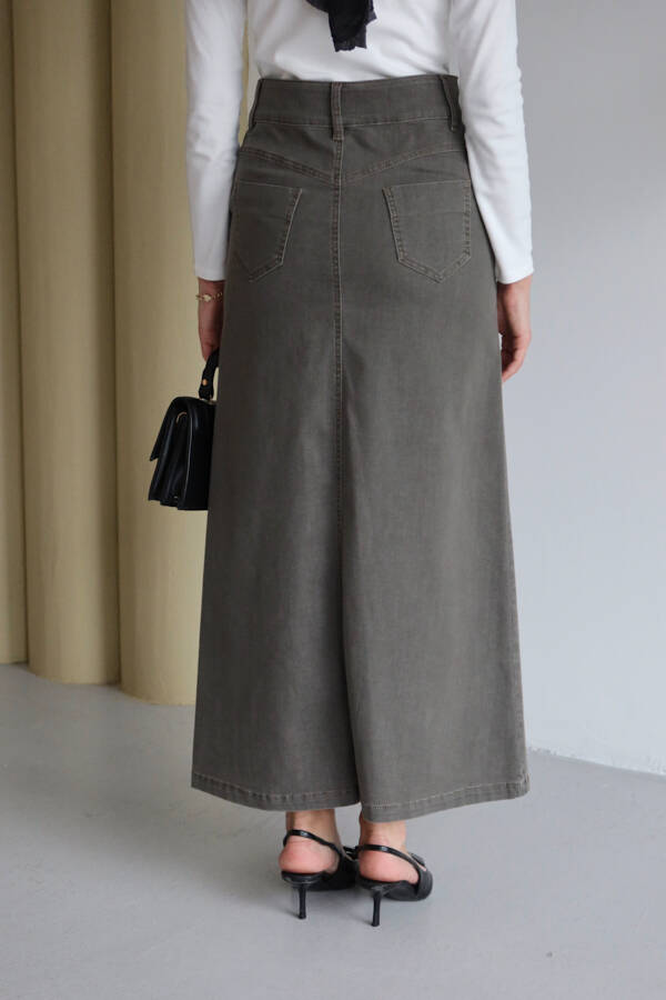 2254-Denim Klasik Etek Haki