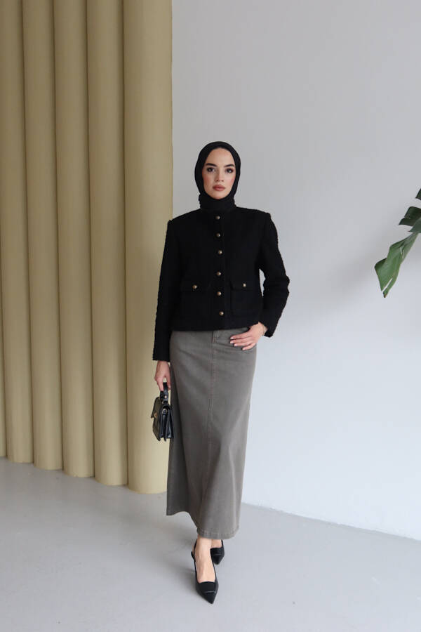 2254-Denim Klasik Etek Haki