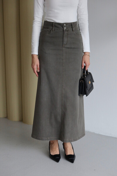 Neways - 2254-Denim Klasik Etek Haki