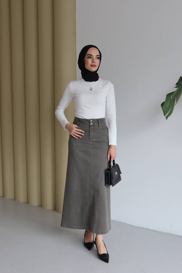 2254-Denim Klasik Etek Haki
