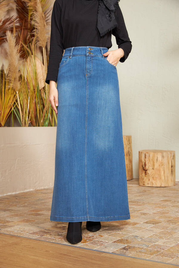 2254-Denim Klasik Etek Koyu Mavi