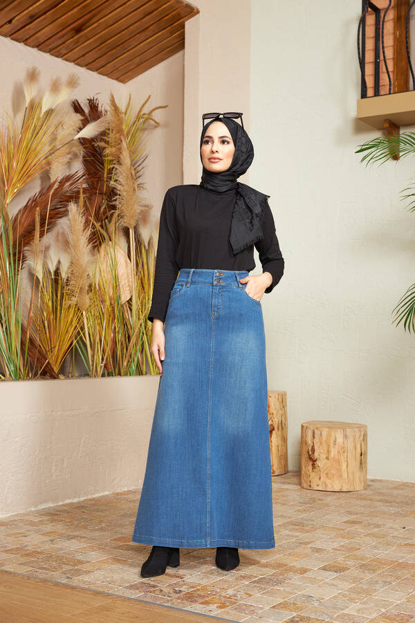 2254-Denim Klasik Etek Koyu Mavi
