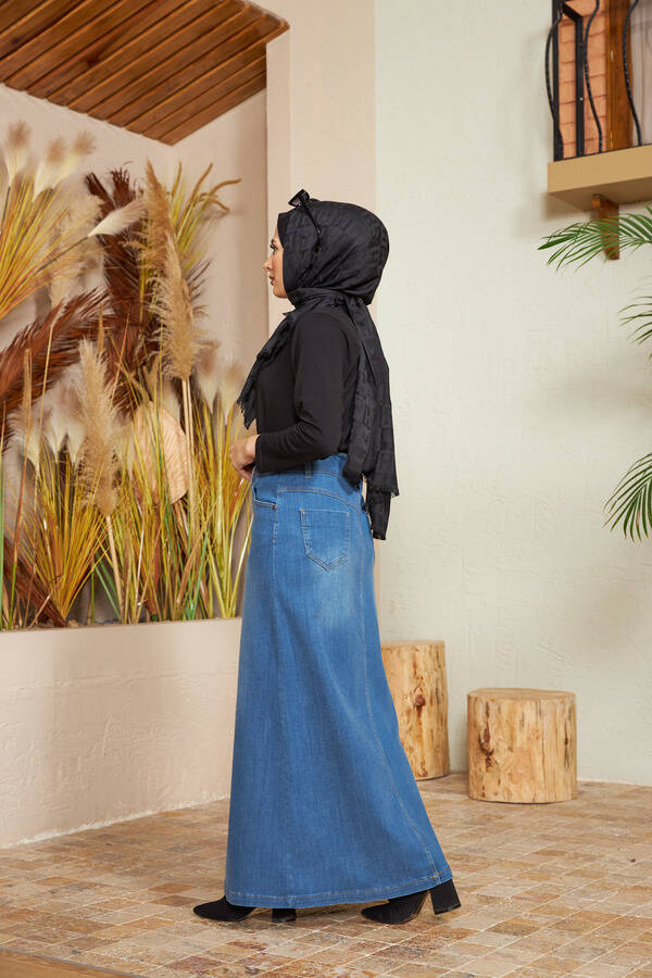 2254-Denim Klasik Etek Koyu Mavi