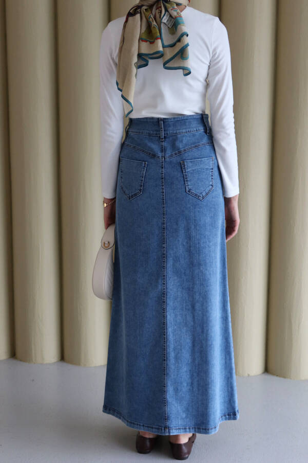 2254-Denim Klasik Etek Koyu Mavi
