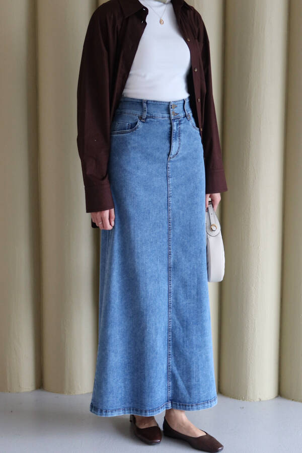 2254-Denim Klasik Etek Koyu Mavi