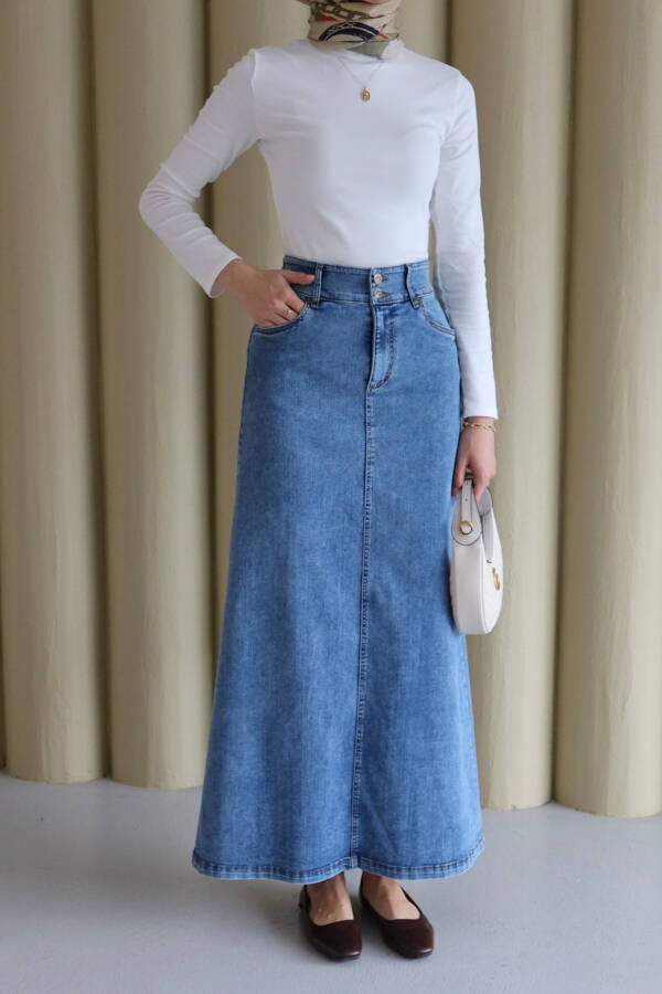 2254-Denim Klasik Etek Koyu Mavi