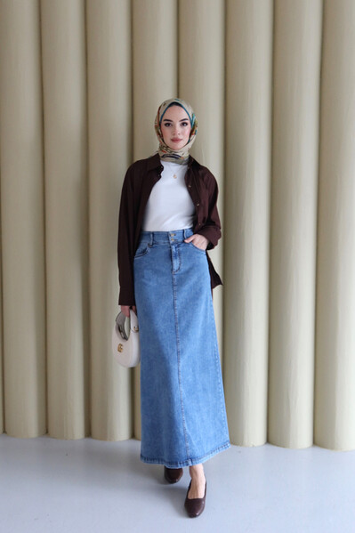 Neways - 2254-Denim Klasik Etek Koyu Mavi