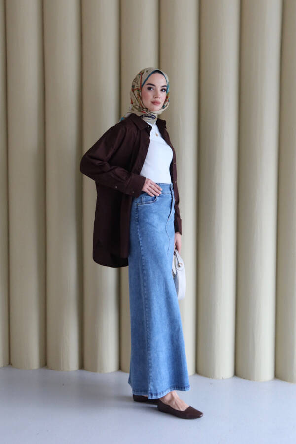 2254-Denim Klasik Etek Koyu Mavi