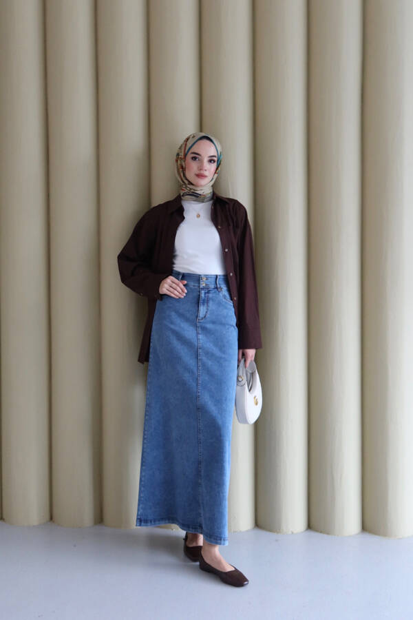 2254-Denim Klasik Etek Koyu Mavi