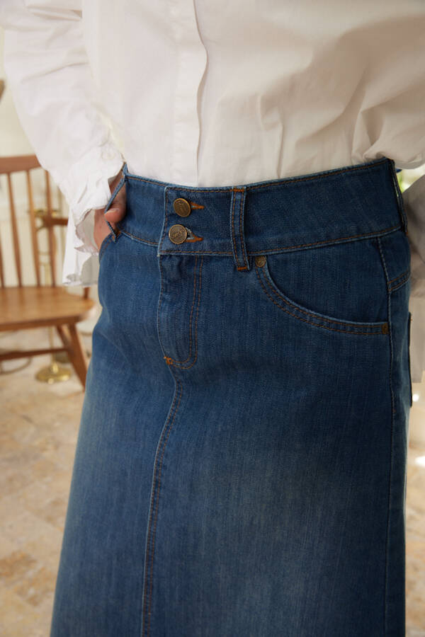 2254-Denim Klasik Etek Koyu Mavi