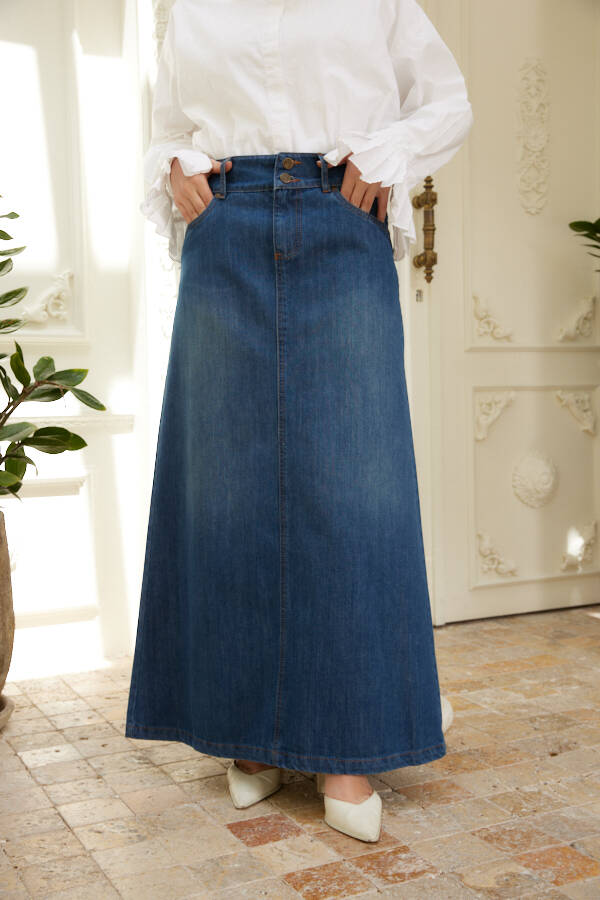 2254-Denim Klasik Etek Koyu Mavi