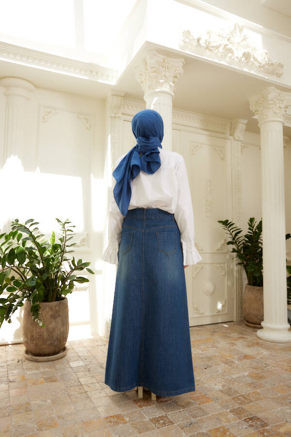 2254-Denim Klasik Etek Koyu Mavi