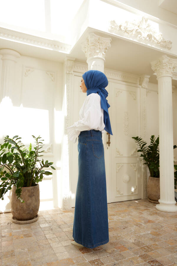 2254-Denim Klasik Etek Koyu Mavi