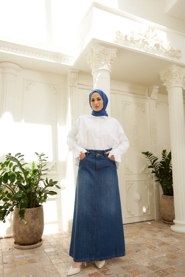 2254-Denim Klasik Etek Koyu Mavi