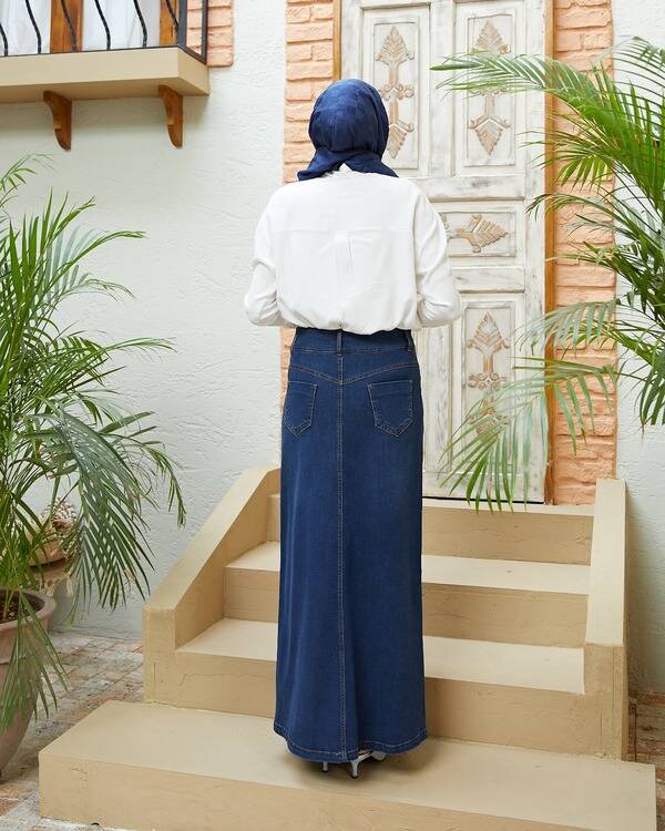 2254-Denim Klasik Etek Lacivert