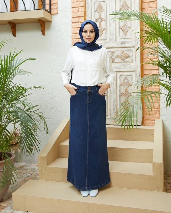 2254-Denim Klasik Etek Lacivert
