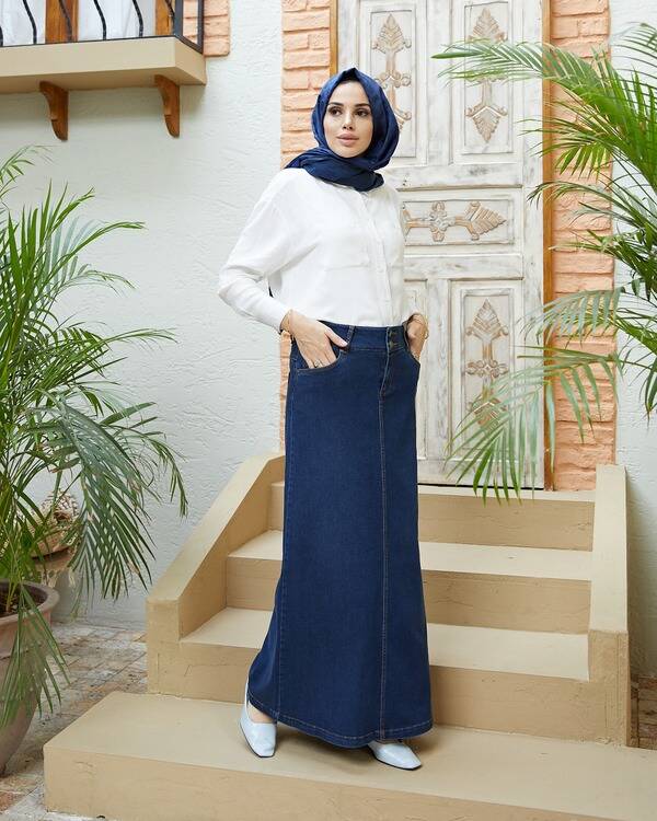 2254-Denim Klasik Etek Lacivert