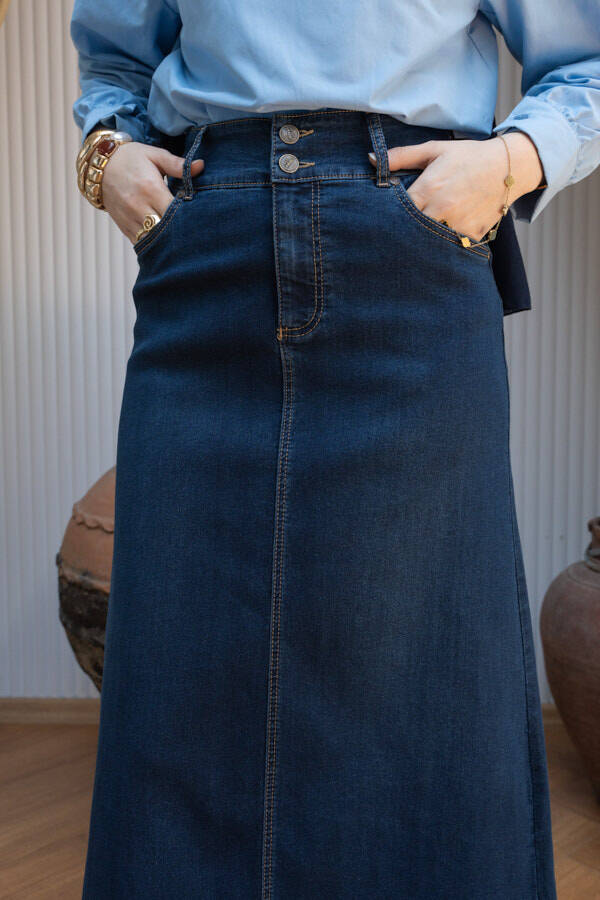 2254-Denim Klasik Etek Lacivert