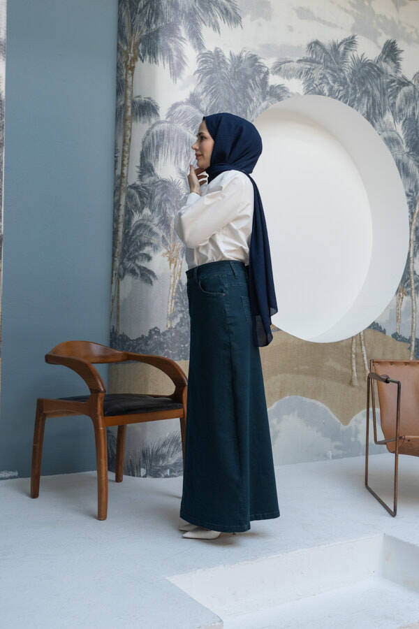 2254-Denim Klasik Etek Lacivert