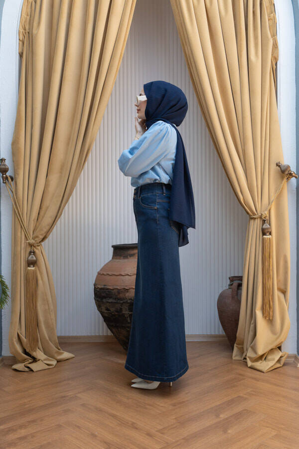 2254-Denim Klasik Etek Lacivert