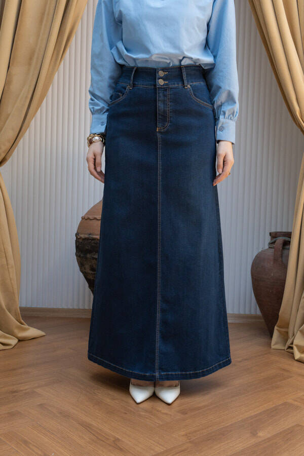 2254-Denim Klasik Etek Lacivert