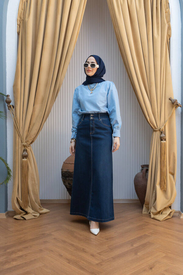 2254-Denim Klasik Etek Lacivert