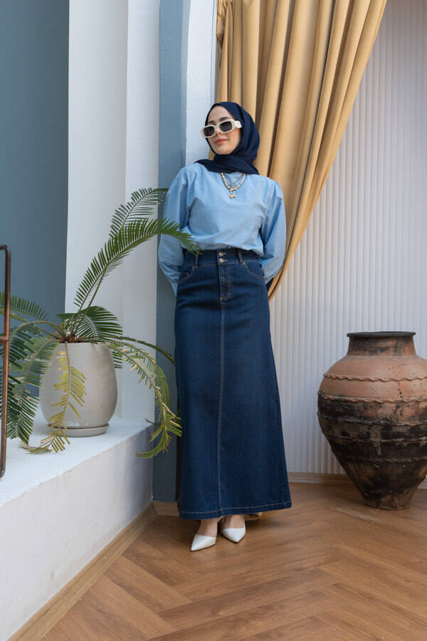 2254-Denim Klasik Etek Lacivert