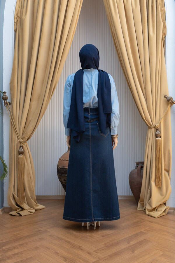 2254-Denim Klasik Etek Lacivert