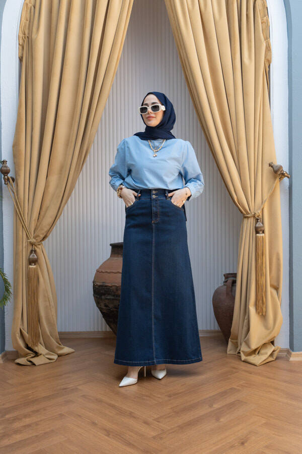 2254-Denim Klasik Etek Lacivert