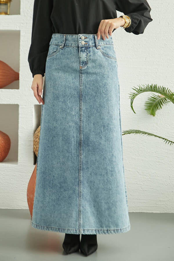 2254-Denim Klasik Etek Mavi