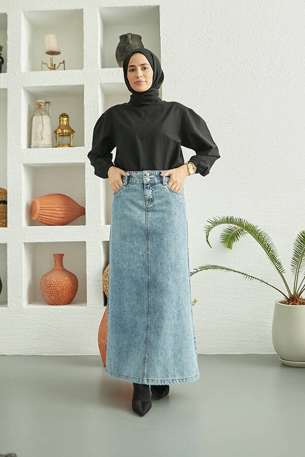 2254-Denim Klasik Etek Mavi