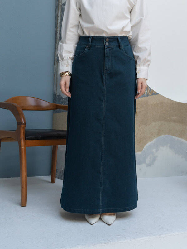 2254-Denim Klasik Etek Petrol