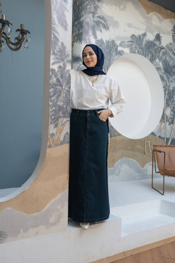 2254-Denim Klasik Etek Petrol