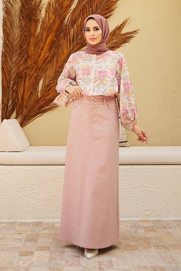 2254-Denim Klasik Etek Pudra