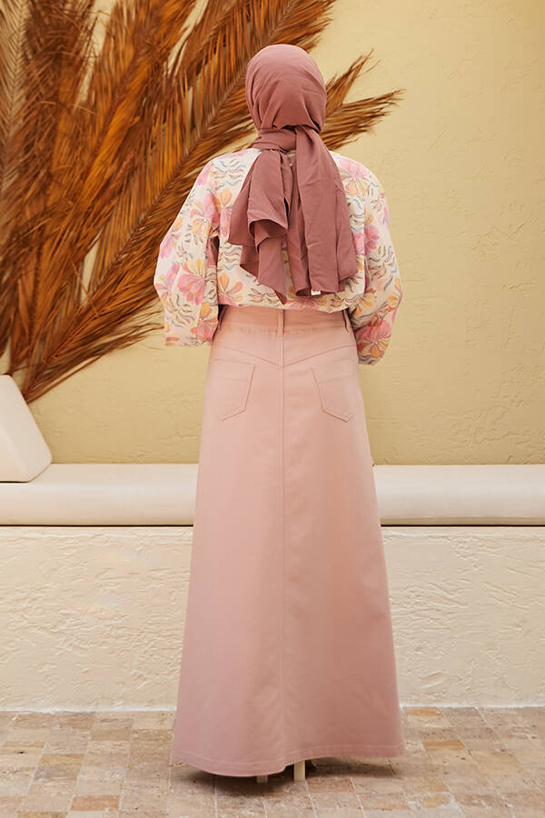 2254-Denim Klasik Etek Pudra