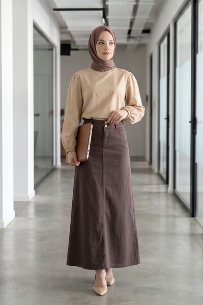 Neways - 2254-Denim Klasik Etek Kahve