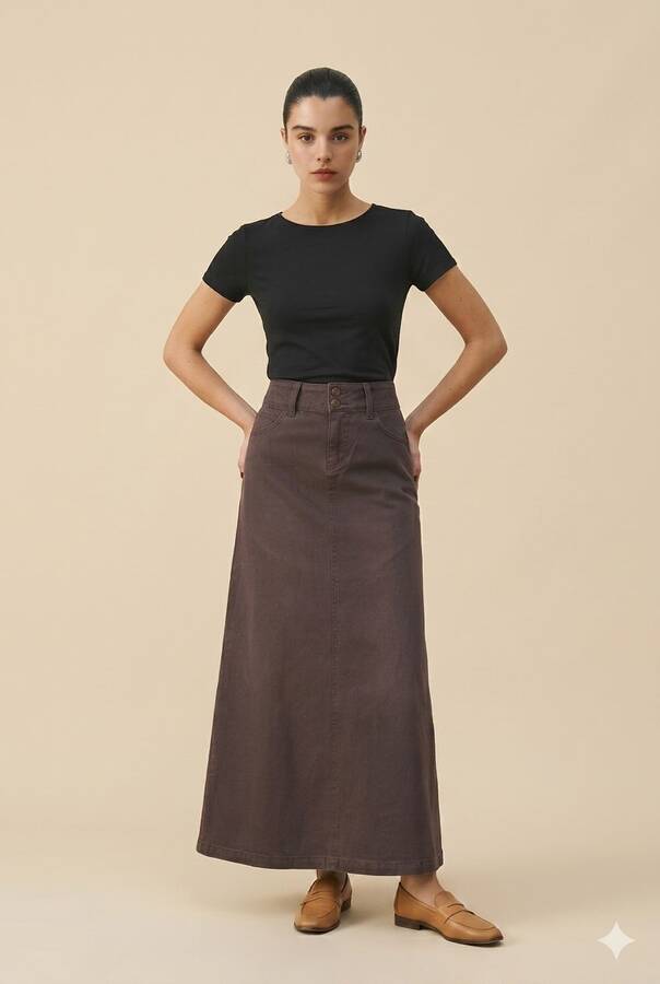 2254-Denim Klasik Etek Bordo