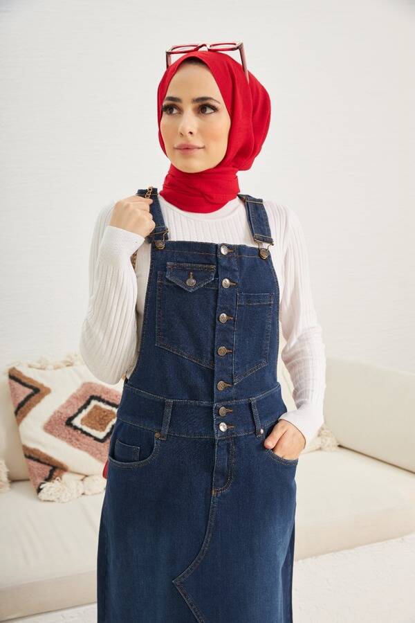 2255-Denim Salopet Etek Lacivert