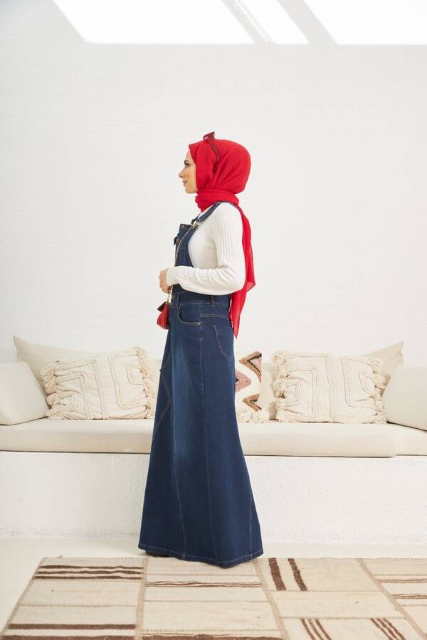 2255-Denim Salopet Etek Lacivert