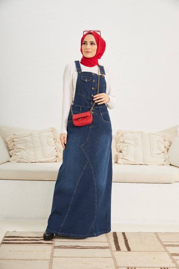 2255-Denim Salopet Etek Lacivert