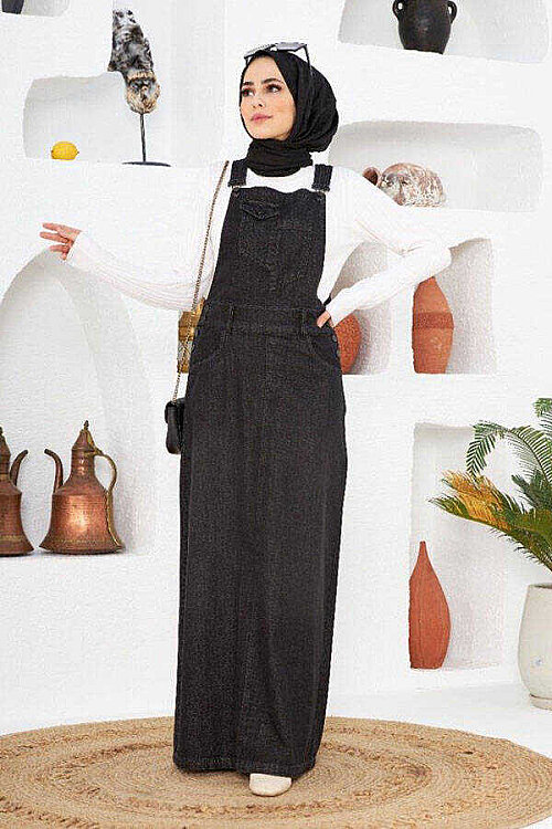 2262-Denim Salopet Etek Siyah - 2