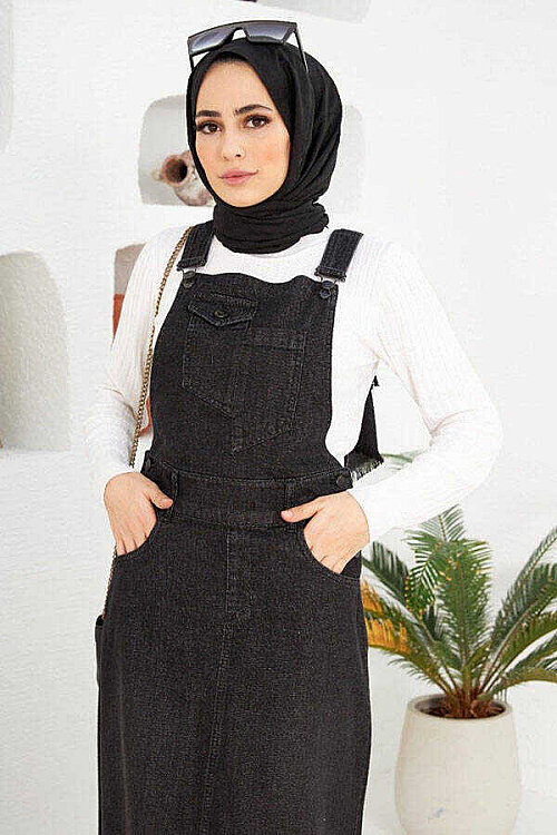 2262-Denim Salopet Etek Siyah - 3