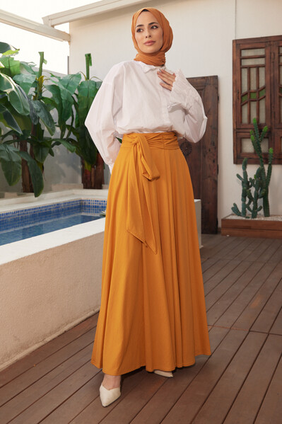 Neways - 2279-Ancelina Pileli Kuşaklı Mevlana Etek Hardal