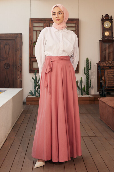 Neways - 2279-Ancelina Pileli Kuşaklı Mevlana Etek Pembe