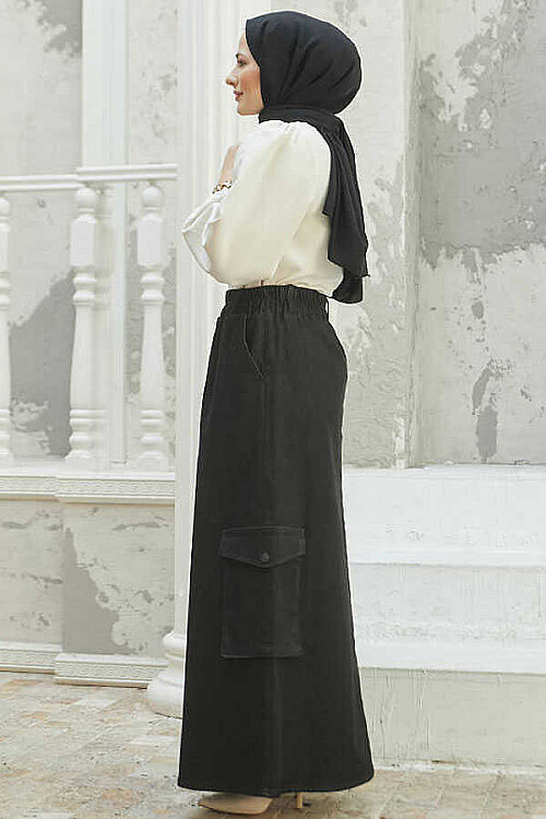 2285-Denim Yan Cepli Etek Siyah - 2