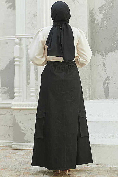 2285-Denim Yan Cepli Etek Siyah - 6