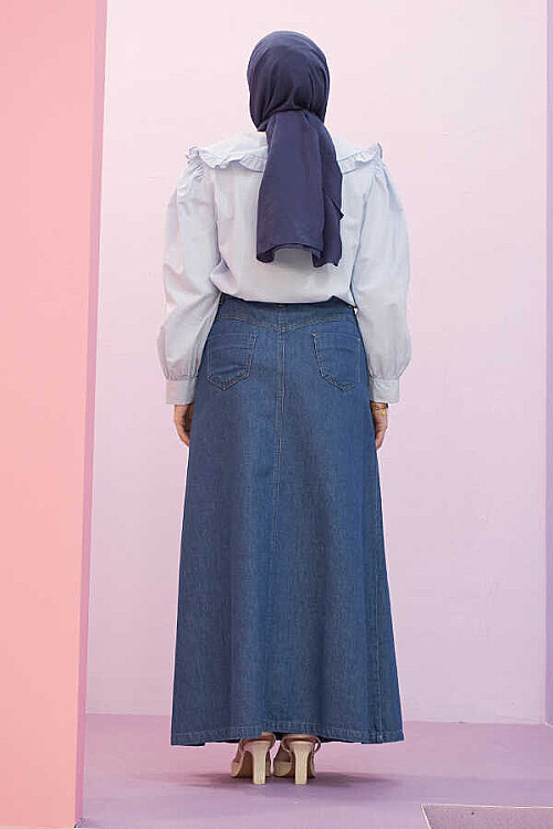 2286-Pileli Denim Etek Koyu Mavi - 5