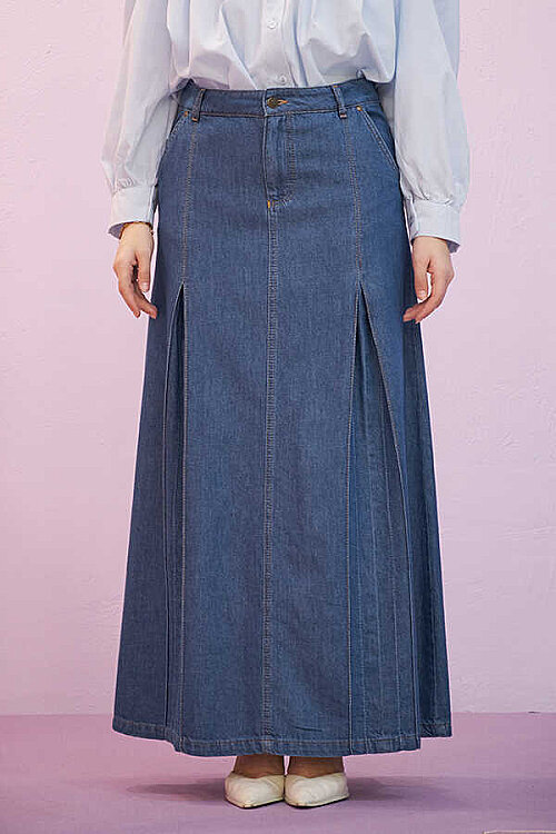 2286-Pileli Denim Etek Koyu Mavi - 2