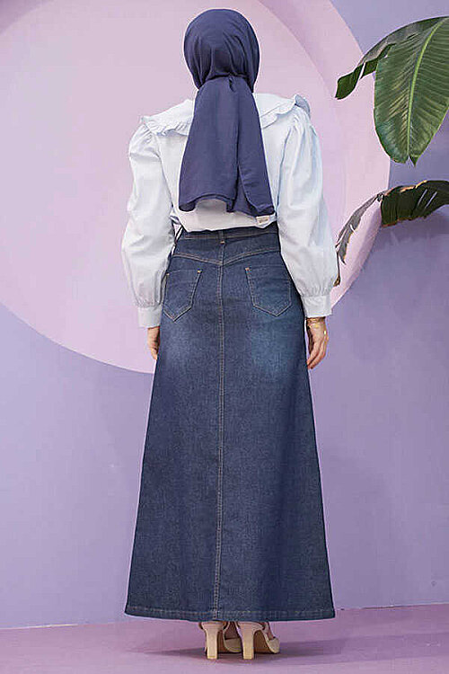 2287-Denim Dikişli Etek Koyu Mavi - 5